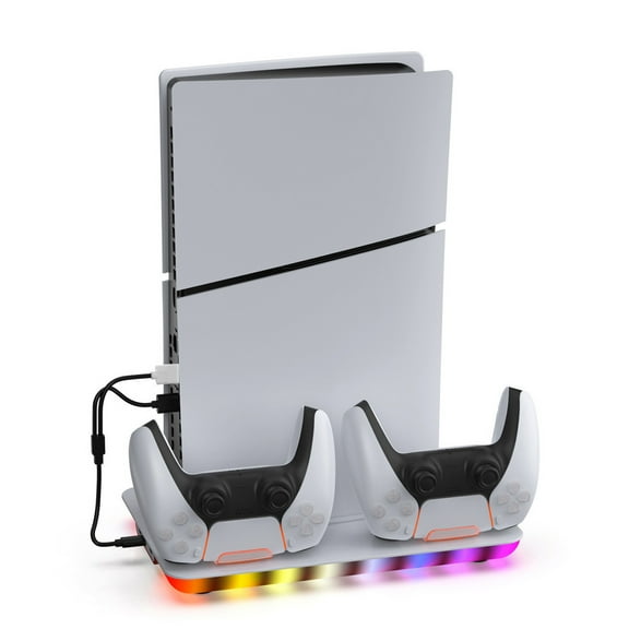 Vertical Cooling Stand with Dual Controller Charging Dock for PS5/PS5 Slim Disc & Digital Edition, Adjustable RGB Charging Base, Console Cooling Station Accessory-White