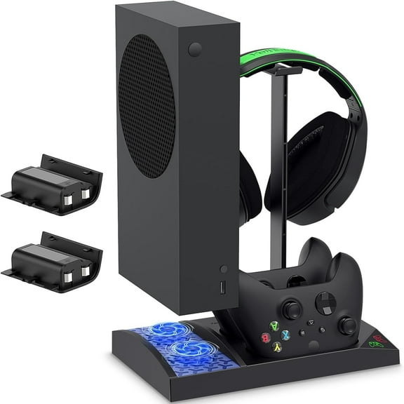Vertical Cooling Fan Stand for Xbox Series S with Dual Controller Charging Dock Station, 2 X 1400mAh Rechargeable Battery Pack, and Headphone Bracket-Black