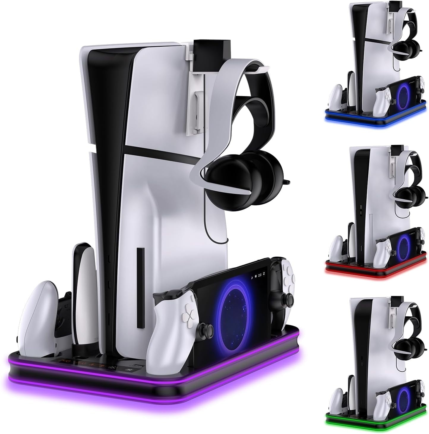 Vertical Cooling Stand Compatible with PS5 For PS5 Slim,RGB Light Charging Dock for PlayStation Portal,For PS5 Controller Charging Station with Headset Stand-Black