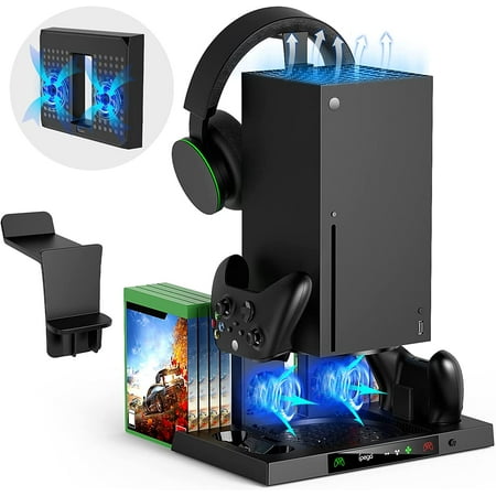 Vertical Cooling Stand for Xbox Series X with Controller Charger Station Dock, with 8 Game Storage Organizer, Headset Hanger