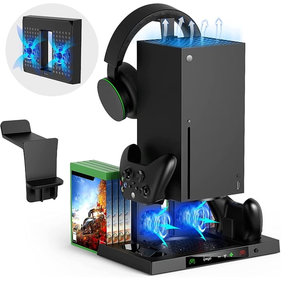 Vertical Cooling Stand for Xbox Series X with Controller Charger Station Dock, with 8 Game Storage Organizer, Headset Hanger