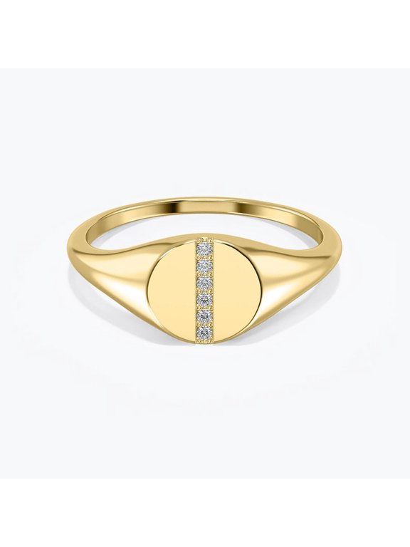 Vertical Diamond Bar Round Signet Ring, 14K Gold Plated 925 Sterling Silver Pavé Stripe Band, Minimalist Handmade Pinky Ring