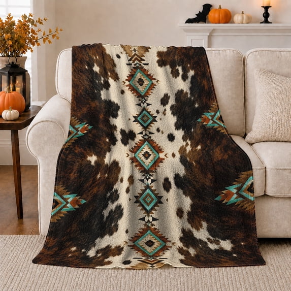 Vertical Diamond Chain Across Dark spotted cattle pattern Patches, Soft Flannel Blanket with Rustic Southwestern Print, Housewarming Gift and Home Decor for Bedroom and Living Room