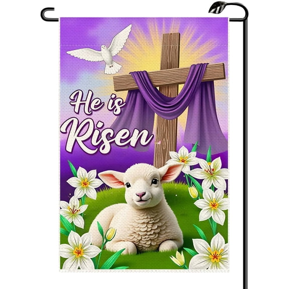 Vertical Double Sided Purple Spring Easter Garden Flag 12x18 Inch, He Is Risen Lily Cross Farmhouse Small Yard Flag for Outside (Only Flag)