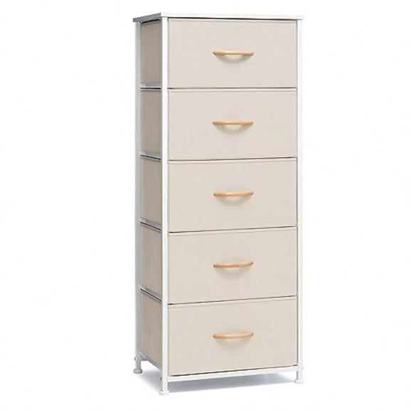Vertical Drer Storage Tower - Sturdy Steel Frame Wood Top Easy Pull Fabric Bins - Organizer Unit for Bedroom Hallway Entryway Closets - 5 Drawers Beige
