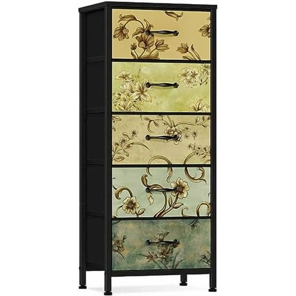 Vertical Dresser for Bedroom, Tall Skinny Storage Tower with 5 Fabric Drawers, Chest of Drawers for Living Room, Dorm, Entryway, Vintage Furniture, Wood Top
