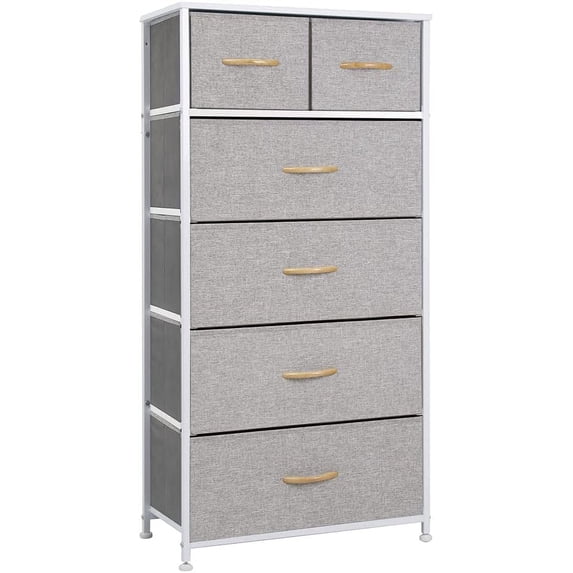 Vertical Dresser Storage Tower - Sturdy Steel Frame, Wood Top, Easy Pull Fabric Bins, Wood Handles - Organizer Unit for Bedroom, Hallway, Entryway, Closets - 6 Drawers (Light Grey)