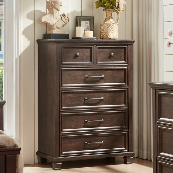 Vertical Dresser for Bedroom, LELELINKY 6 Drawer Dresser with Metal Handle, Chest of Drawers for Living Room, Walnut