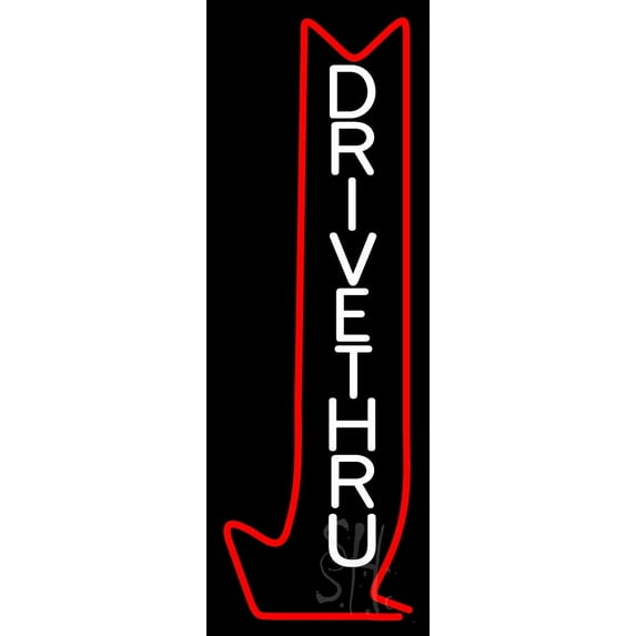 Vertical Drive Thru With Down Arrow LED Neon Sign 13 x 32 - inches, Black Square Cut Acrylic Backing, with Dimmer - Bright and Premium built indoor LED Neon Sign for restaurant decor.