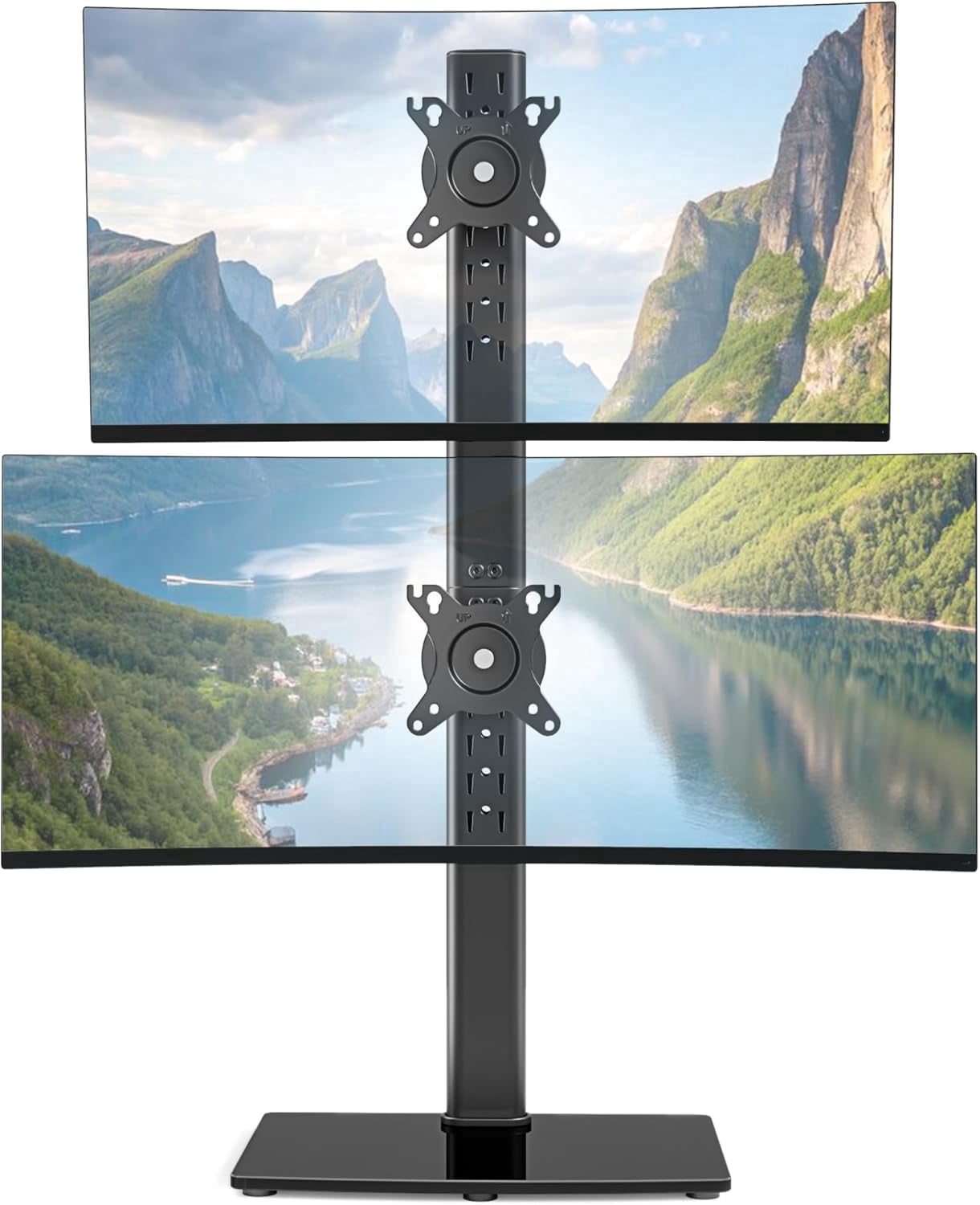 Vertical Dual Monitor Stand for 17–34 Inch Screens, Stacked Monitor Mount with 33.3" Pole & 12 Height Settings, Freestanding Desk Monitor Riser, Full Motion ±45° Tilt ±30° Swivel, 75/100 VESA