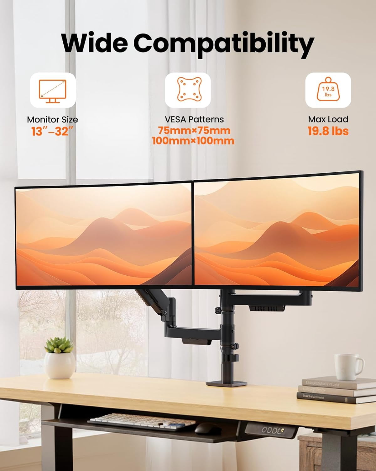 Vertical Dual Monitor Stand for 13-32 Inch Screens, Stacked Mount with C-Clamp,  to 19.8 lbs per Arm, VESA 75x75/100x100mm, Black