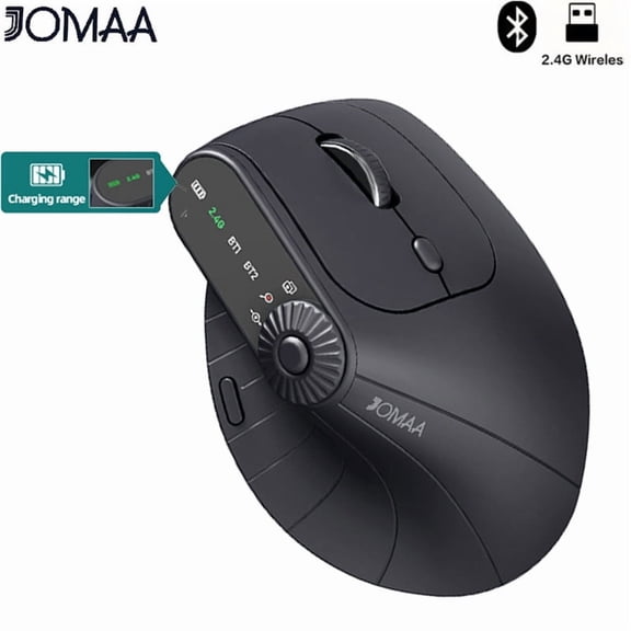 Vertical Ergonomic Mouse with MultiFunction Shortcut Knob & Battery Reminder, Bluetooth & 2.4G Wireless, Sync up to 3 Devices, Rechargeable 2400DPI Office Mouse, Up to 2Month Working Time, Black