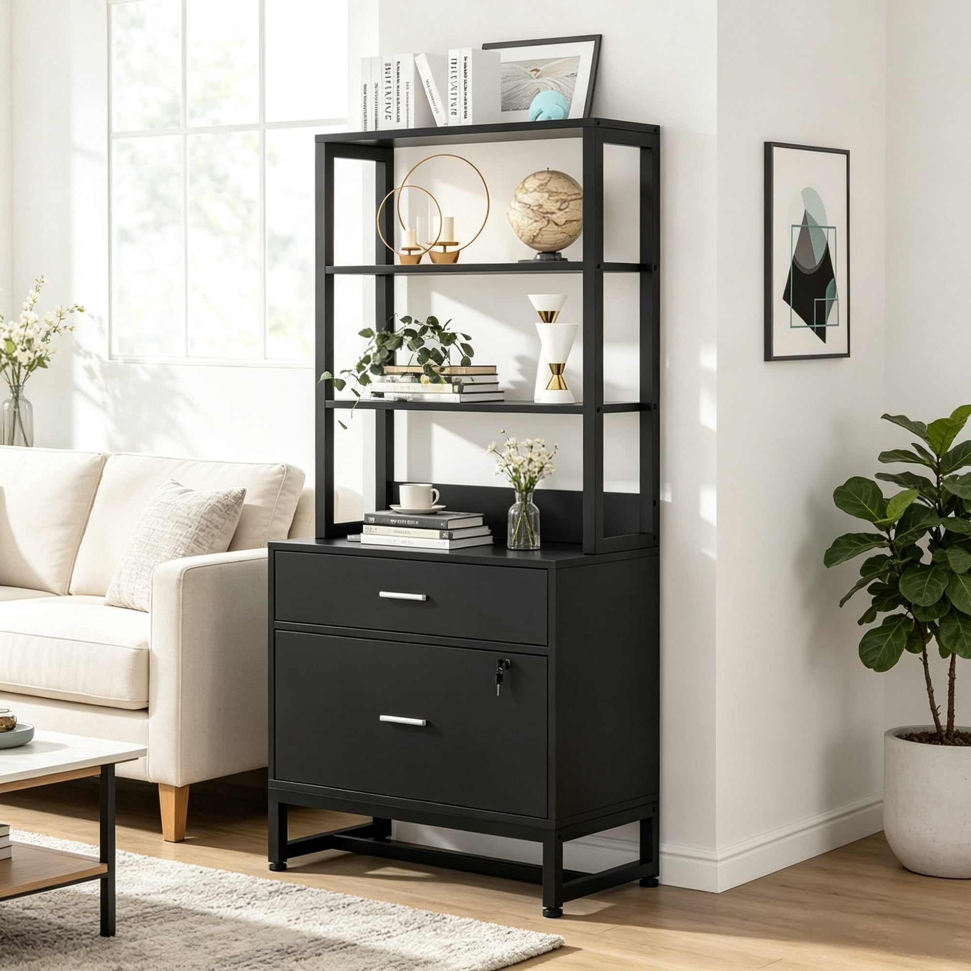 Vertical File Cabinet, 2-Drawer Filing Cabinet with Open Shelves for Home Office