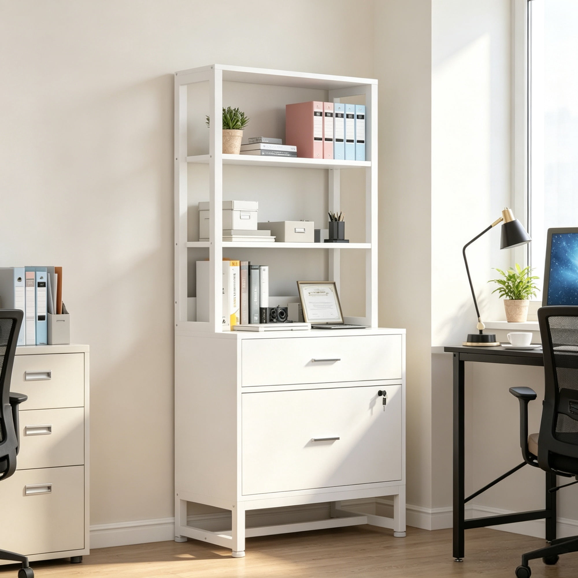 Vertical File Cabinet, 2-Drawer Filing Cabinet with Open Storage Shelves, 38.39 in x 17.72 in x 11.42 in