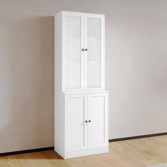 Vertical File Cabinet, 3-Tier Modern Bookshelf with 3 Large Drawer, Wood Filing Cabinet with Open Storage Shelf, Glass Doors and Adjustable Shelves for Home Office, White (B)