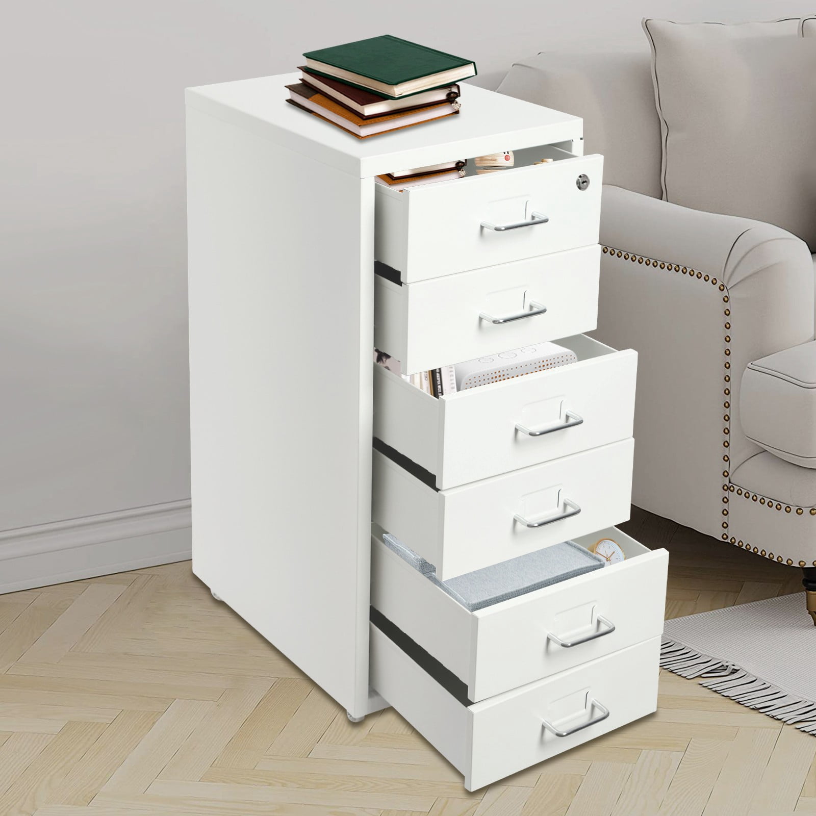 Vertical File Cabinet 6-drawer Filing Cabinet Office Storage Organizer w/Wheels