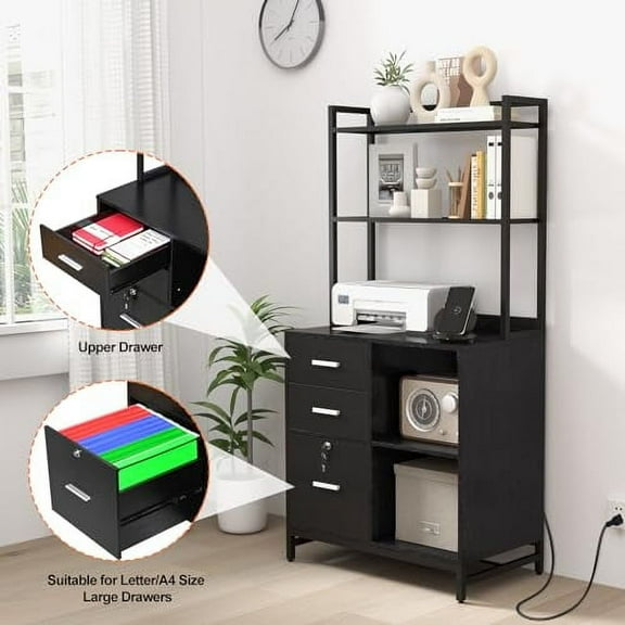 Vertical File Cabinet with Charging Station, Filing Cabinets for Home Office, Large Printer Stand with Open Storage Shelves, 3 Drawer Filing Cabinet with Lock fits Letter/A4 Size, White