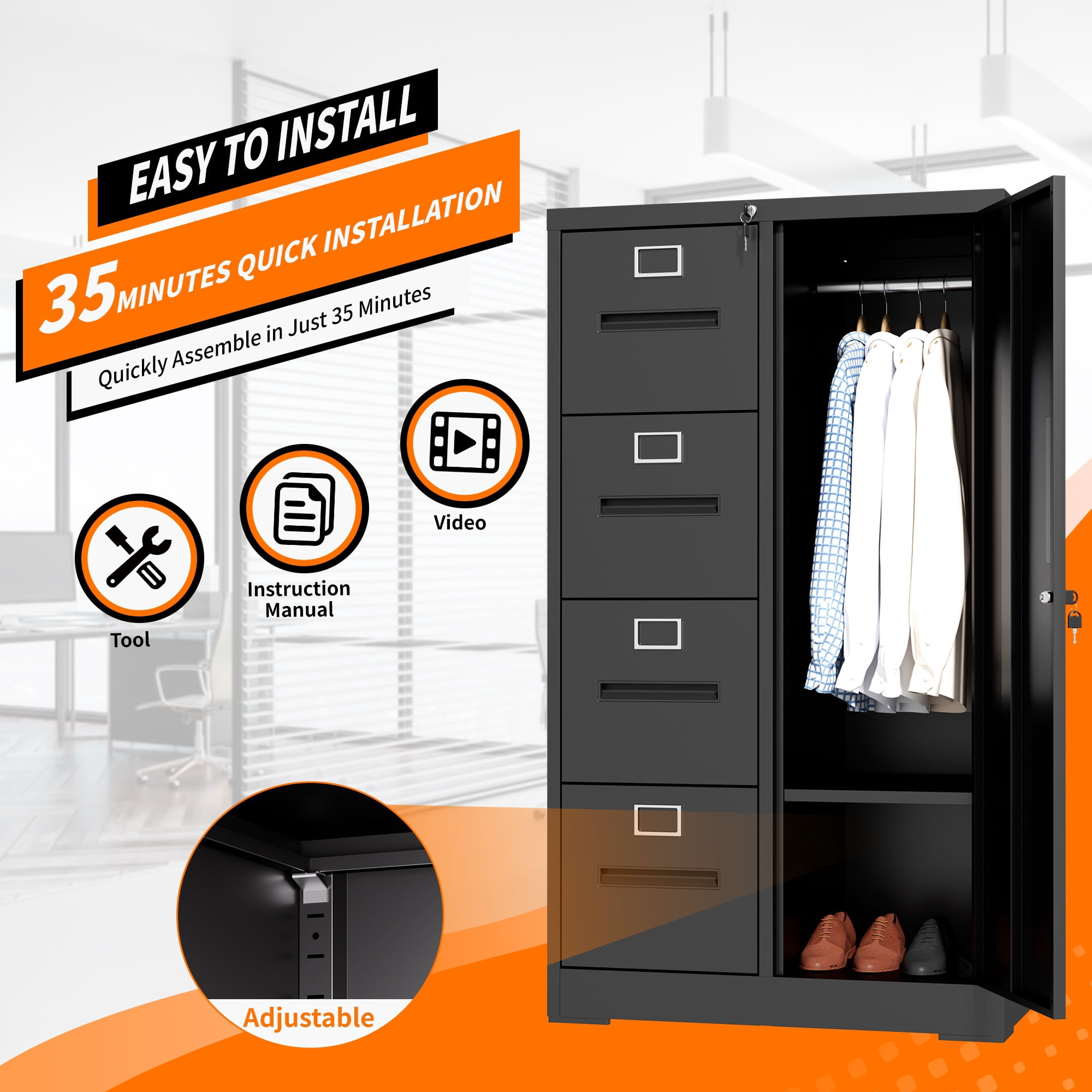 Vertical File Cabinet with Lock 4 Drawers and Wardrobe, Steel Storage Locker and Filing Organizer Cabinet for School Office Living Room, Black