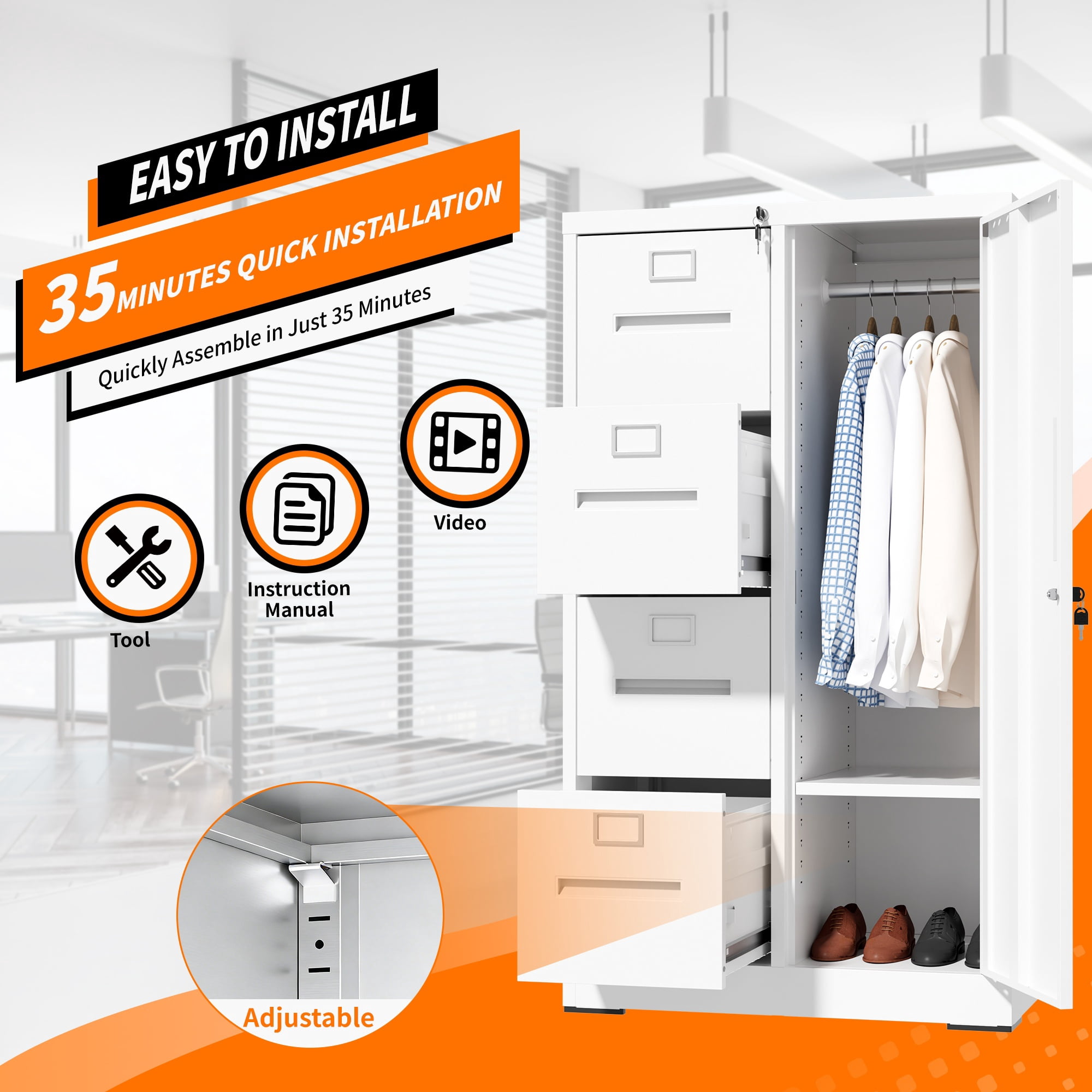 Vertical File Cabinet with Lock 4 Drawers and Wardrobe, Steel Storage Locker and Filing Organizer Cabinet for School Office Living Room, White