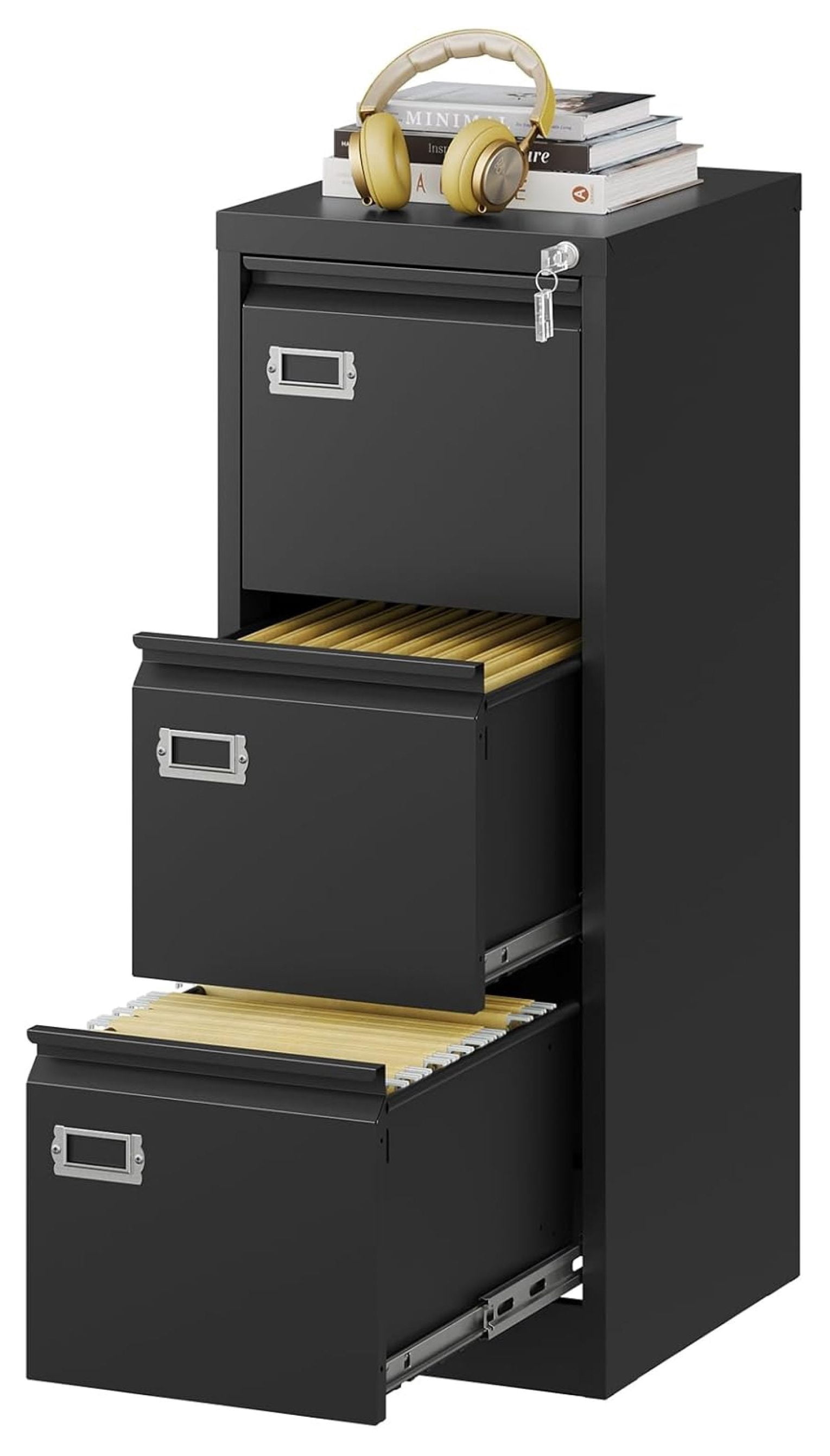Vertical File Cabinets - 3 Drawers 17.8" Deep Lockable Filing Cabinet - Metal Storage Cabinets for Home Office to Hanging Files Letter/Legal/F4/A4 Size 3 Drawres Black