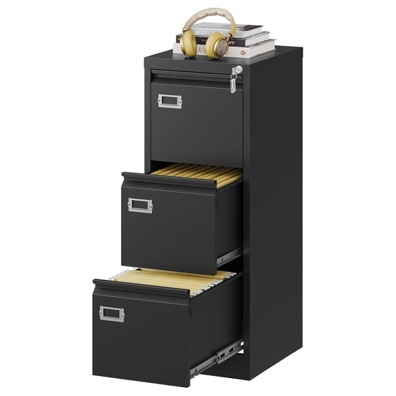 Vertical File Cabinets - 3 Drawers 17.8" Deep Lockable Filing Cabinet - Metal Storage Cabinets for Home Office to Hanging Files Letter/Legal/F4/A4 Size 3 Drawres Black
