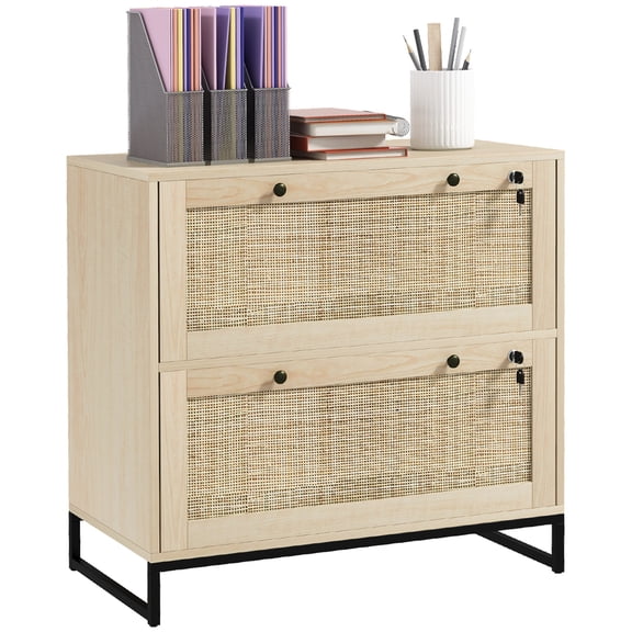 Vertical Filing Cabinet with 2 Drawers | Hang Folders and Place Printer on Countertop | Handmade Rattan Panels for Boho Style | Keep Papers Safe with Lock
