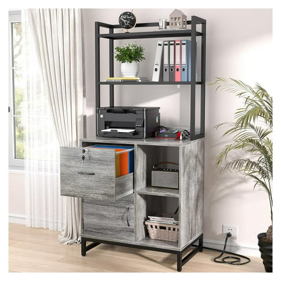 Vertical Filing Cabinet with Lock & Charging Station, Large Drawer Wood File Cabinet with Bookshelf, Printer Stand with Open Storage Shelf, fits Letter Size for Home Office, Light Oak