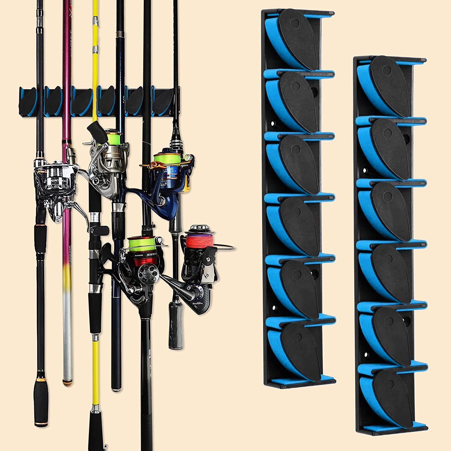 Vertical Fishing Rod Holder, 2 Pack Wall Mounted Fishing Pole Rack Holds Up  to 6 Rods or Combos for Garage, Fits Most Rods of Diameter 3-19mm 