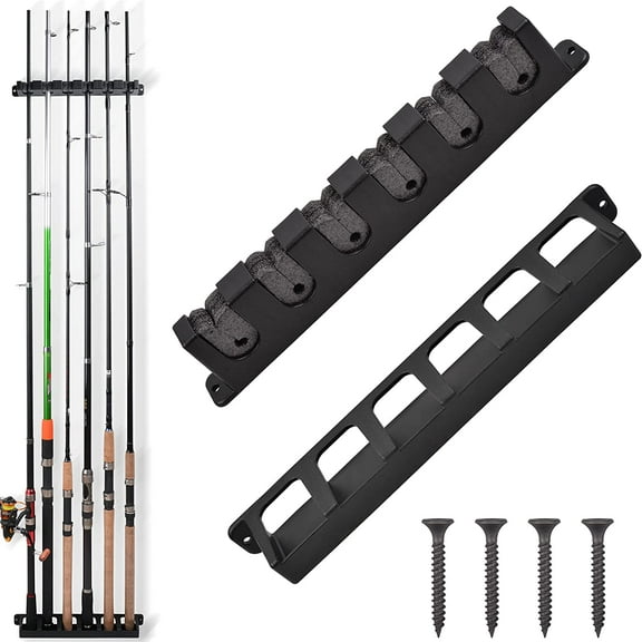 Vertical Fishing Rod Rack, Fishing Pole Holder Wall Mount Fishing Pole Holder Storage 6 Rod Wall Rack for Garage (Black)