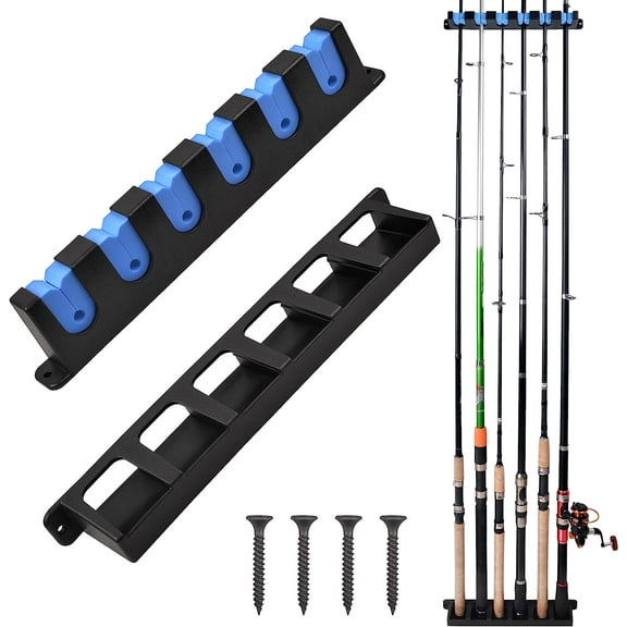 Vertical Fishing Rod Rack, Fishing Pole Holder Wall Mount Fishing Pole Holder Storage 6 Rod Wall Rack for Garage (Blue)