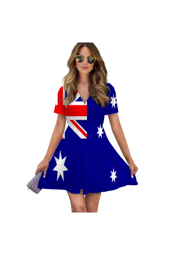 Vertical Flag Of Australia Women Dress V-Neck Short Sleeve Flowy Swing Party Midi Dress