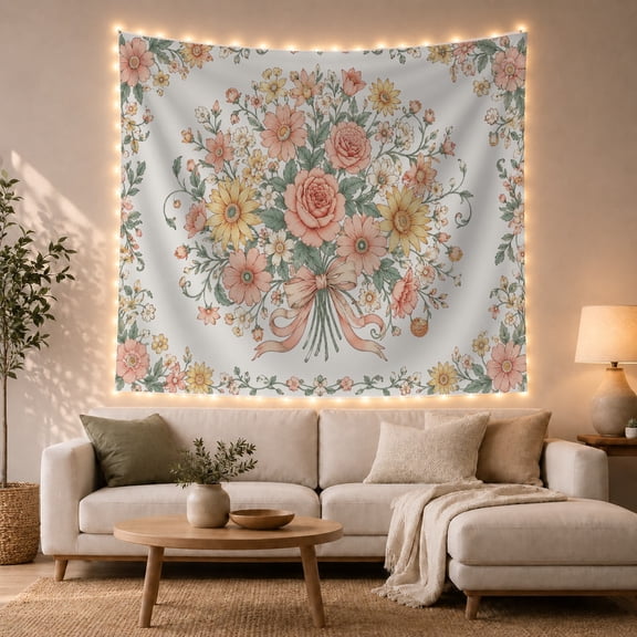 Vertical Floral Arrangement on Pale Blue Background, Peaceful Vintage for Boho Decor Lovers, Floral Bouquet Wall Art, Housewarming Gift, Tapestry Wall Hanging for Bedroom and Living Room