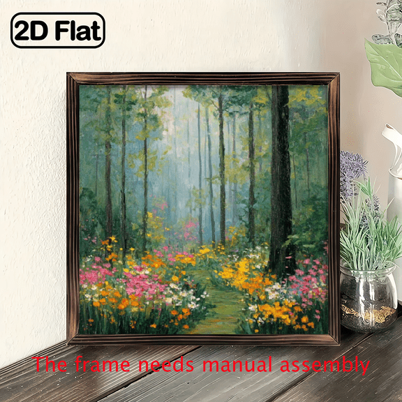 Vertical Forest Wall Art with Green Golden Leaf Pattern - Wood Frame Wrapped Canvas, Modern Classic Nature-Themed Birch/Lime Tree Landscape .wooden board painting