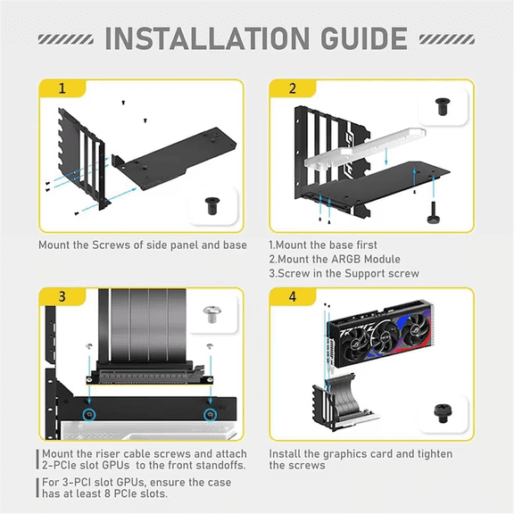 Vertical GPU Mounting Bracket with PCI-E 4.0 X16 Riser Cable Video Card Support Kit 90 Degree Right Angle White