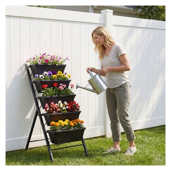 Vertical Garden Bed 5-Tier, Raised Garden Planter with Wheels, Outdoor Indoor Herb Flower Vegetable Grow Box, Black PP Metal