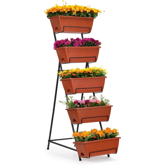 Vertical Garden Bed 5 Tier Vertical Raised Garden Planter Standing Herb Garden Planter Tiered Flower Planter Boxes for Outdoor Plants Brick-Red