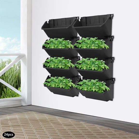 Vertical Garden Planter 24 Pack, Wall Mounted Planters for Outdoor Fence & Indoor Wall - Modular Hanging Flower Pots with Drainage Holes & Water Reservoir, for Herbs, Succulents, Strawberries - Black