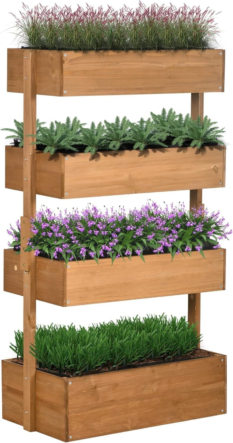 Wooden 4-Tier Self-Draining Vertical Garden Planter for Outdoor Use