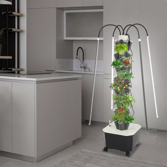 Vertical Garden Tower, 40 Sites with LED Grow Lights, Automatic Water Circulation, 4 Wheels with Brakes, for Indoor Use