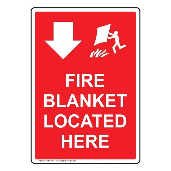 Vertical Glow-in-The-Dark Tin Fire Blanket Located Here Metal Sign, with English Text and Symbol (Aluminum) Size: 12 x 16 inch