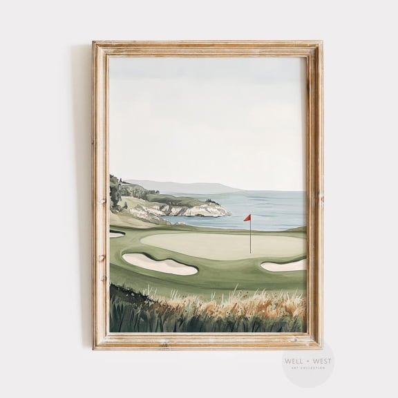 Vertical Golf Course Coastal Golf Muted Seascape Landscape Boys Room Art Golfer Gift