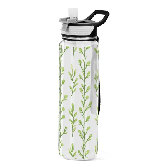 Vertical Green Sprigs 1000ml Tritan Sport Bottle Straw LeakProof Food-Grade Portable Wide Handle