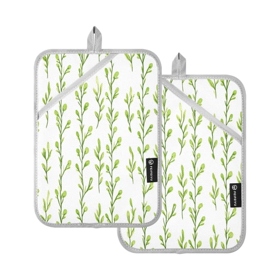 Vertical Green Sprigs 7x9.8in Pot Holder Set Heat-Resistant Oven Hot Pads Durable with Storage Loop