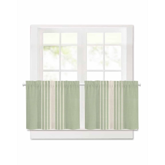 Vertical Green Striped Short Blackout Curtains 30 Inch Long,Retro Lines on Linen Rod Pocket Kitchen Curtains,2 Panels Thermal Insulated Room Darkening Drapes for Bedroom,30"W x 30"L