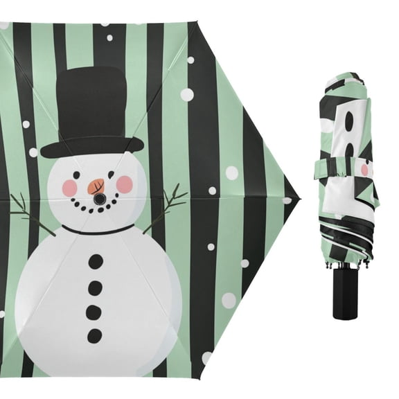 Vertical Green-black Stripes Snowman All Weather Umbrella Triple Folding Parasol 6 Ribs UV Protection Portable