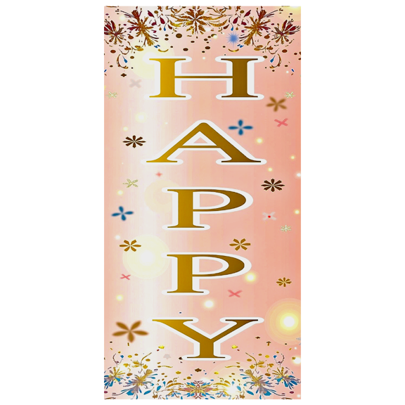 Vertical Happy Banner with Golden Letters on Soft Pink Background Party Decoration Backdrop for Birthday Parties Celebrations Photo Booths Events Decor