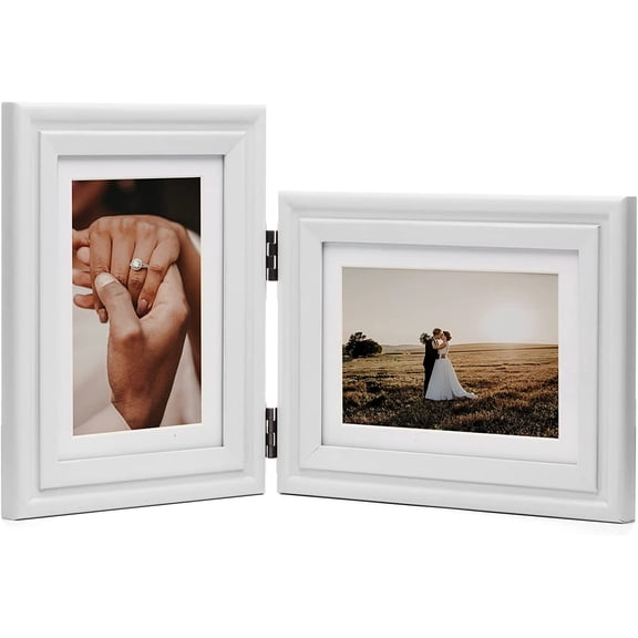 Vertical & Horizontal 5X7 Picture Frames Double Hinged Wood Folding Photo Frames with Real Glass Front Fit for Desktop or Tabletop Display Pictures 4x6 with Mat or 5x7 Without Mat, White