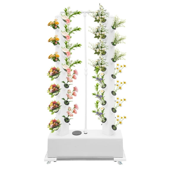 Vertical Hydroponic Grow Kit - 56-Hole Soilless Garden System with 30L Tank & Wheels for Indoor/Outdoor (White)