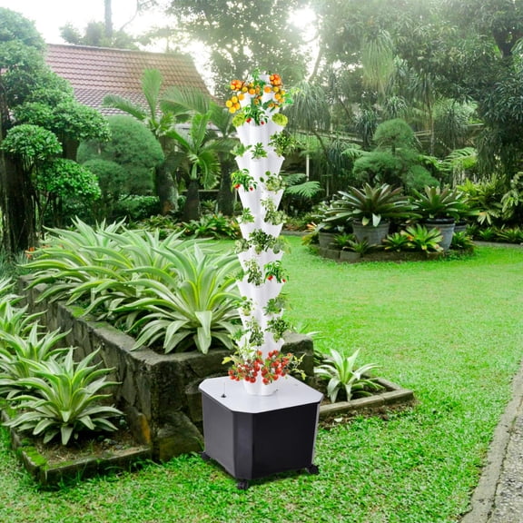 Vertical Hydroponic Grow Tower Aeroponic Tower for Herbs, Fruits and Vegetables 10 Layer 50 Plants Sites with Movable Water Tank Hydrating Pump, Timer, Adapter (50 pots)