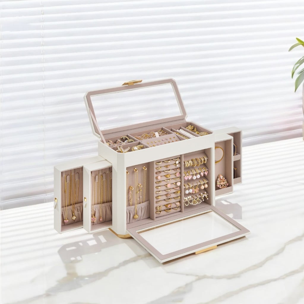 Large Cloud White PU Leather Jewelry Box with Glass Windows